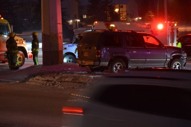 Vehicle sits atop median following collision at 22nd and Ospika Saturday afternoon. Photos 250News