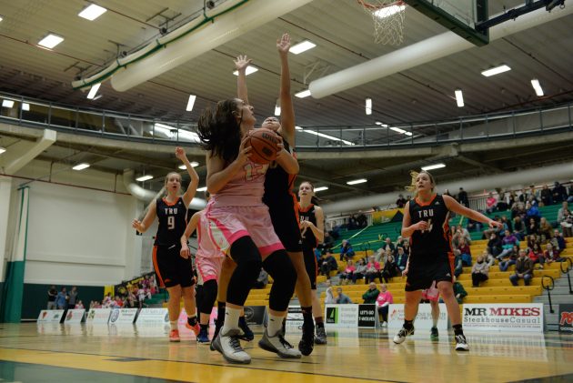 UNBC's Vasiliki Louka eyes the basket in action against Thompson Rivers University Saturday night. Photo courtesy UNBC
