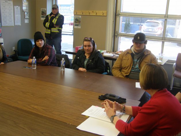 Prince George-Valemount MLA Shirley Bond talks with students at the O'Brien Training Centre Friday