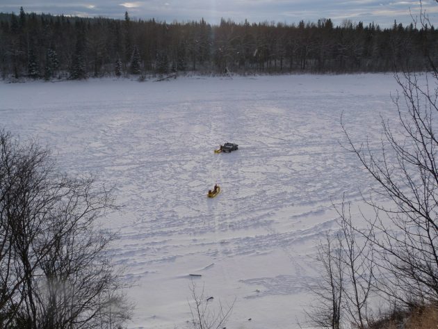 Abandoned pick-up sits on the ice in the middle of the Fraser River of Ferry Avenue Sunday morning. Photos 250News